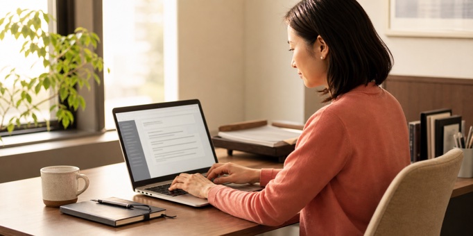 暖かな窓辺でノートPCからメールを書く日本人女性社員