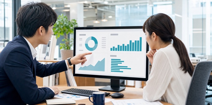 売上ダッシュボードを見ながら検討する日本人社員2名