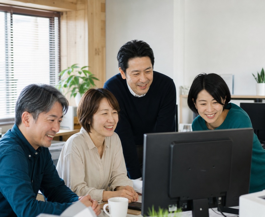明るいオフィスでモニターを囲んで打ち合わせをする日本人スタッフ