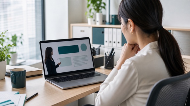 ノートPCで動画講義を視聴する日本人社員