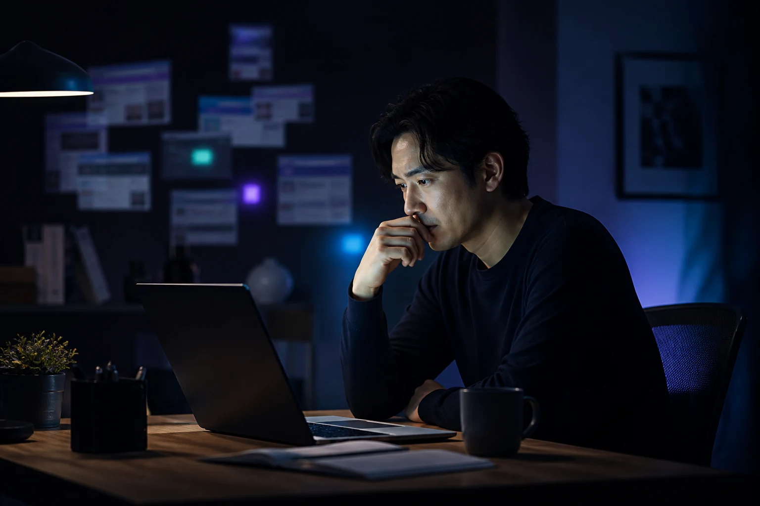 多くの情報を前に、AIの学び方を考えるビジネスパーソン