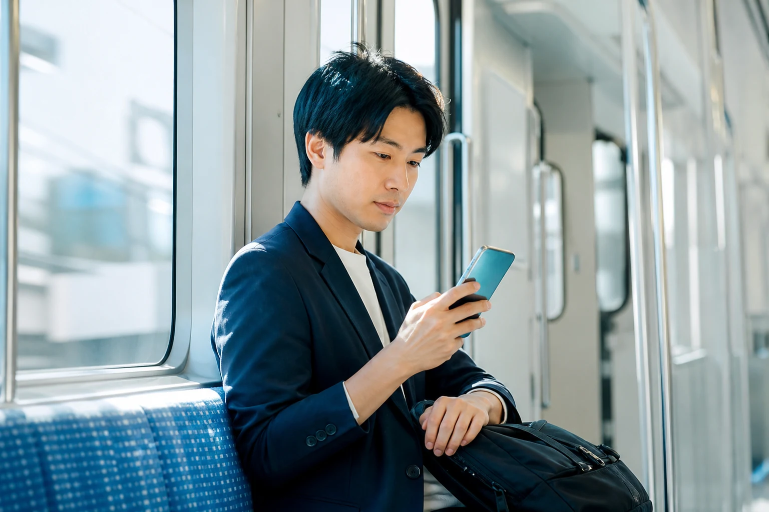 通勤中の電車でスマートフォンを使って学ぶビジネスパーソン