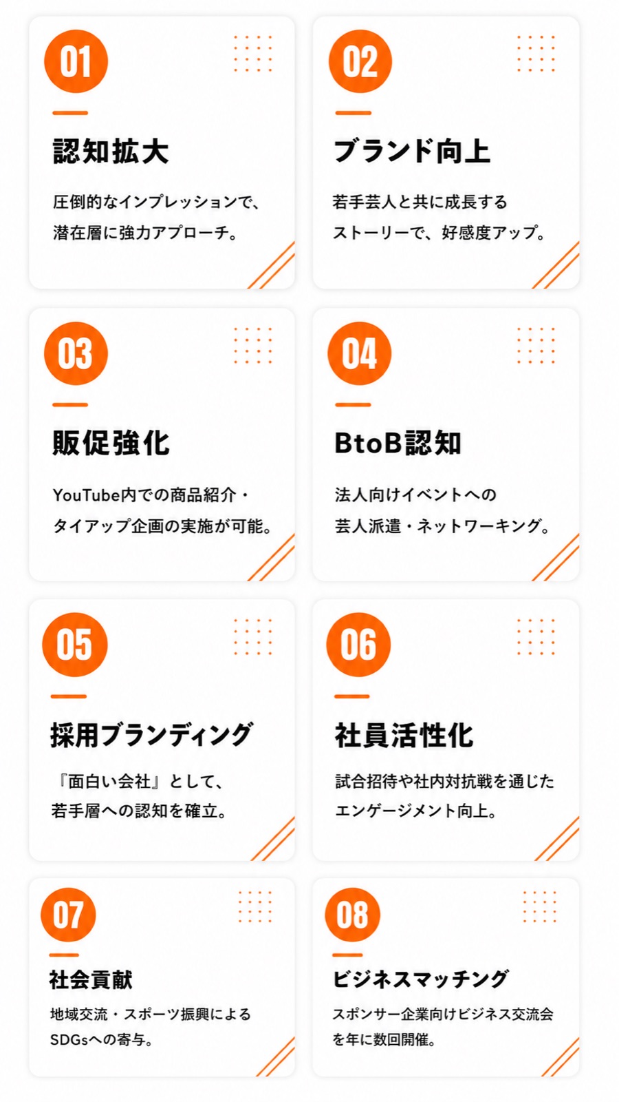 スポンサーメリット8つ：認知拡大／ブランド向上／販促強化／BtoB認知／採用ブランディング／社員活性化／社会貢献／ビジネスマッチング