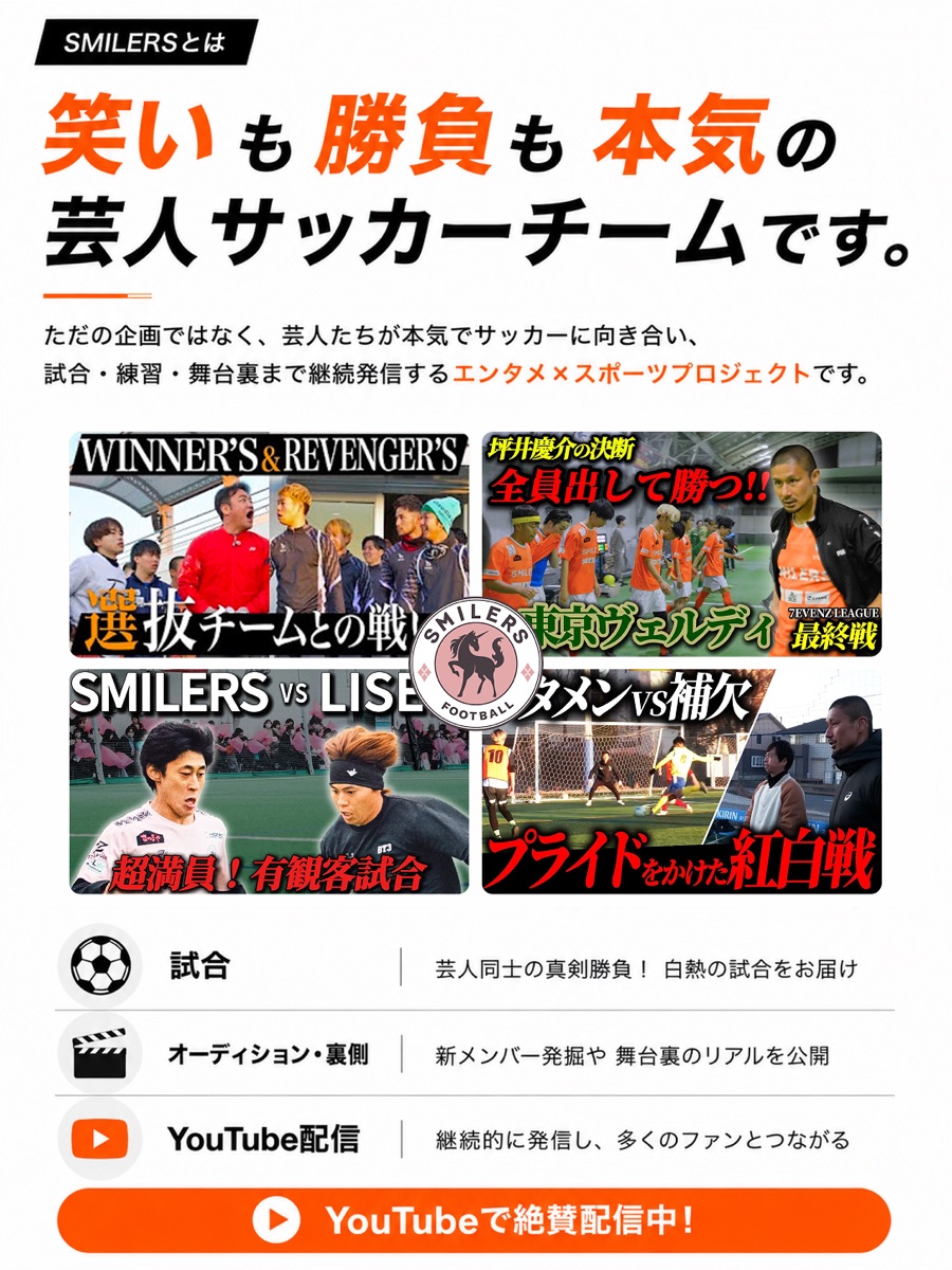 SMILERSとは。笑いも勝負も本気の芸人サッカーチーム。試合・オーディション・舞台裏・YouTube配信を継続発信するエンタメ×スポーツプロジェクト。